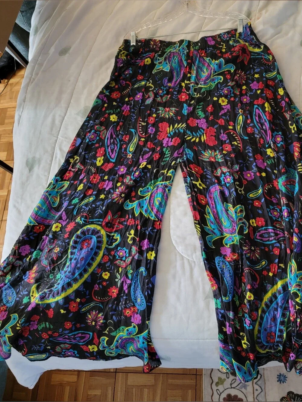 Wide-Leg Paisley Print Palazzo Pants - Black Multi -100% Cotton - Picture 1 of 8